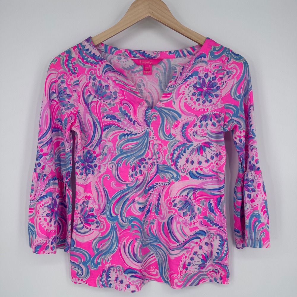 Lilly Pulitzer Tosha Top Womens XXS Pink Paisley Bell Sleeve Pima Cotton Resort